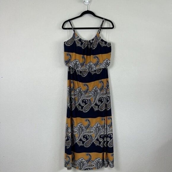 Magic Womens Yellow & Blue Paisley Boho Summer Maxi Dress Spaghetti Straps Large - Picture 1 of 12